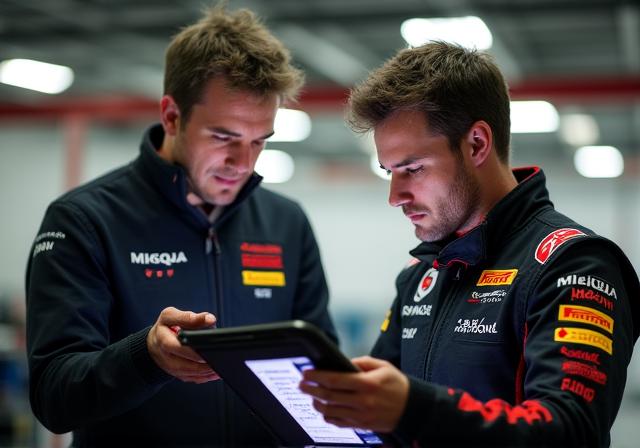 Instructor de conducción analizando telemetría con piloto