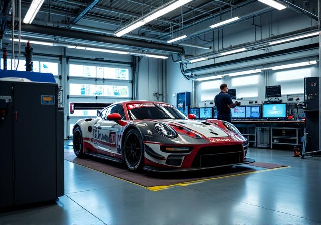 Coche de carreras en banco de pruebas con técnicos analizando telemetría